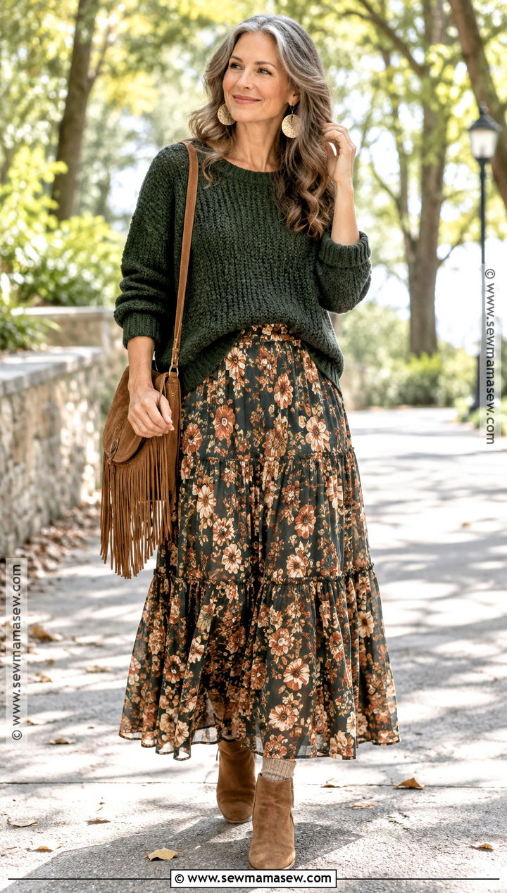Fall Hippie Sweater And Tiered Skirt Outfit - 25 fall hippie outfits