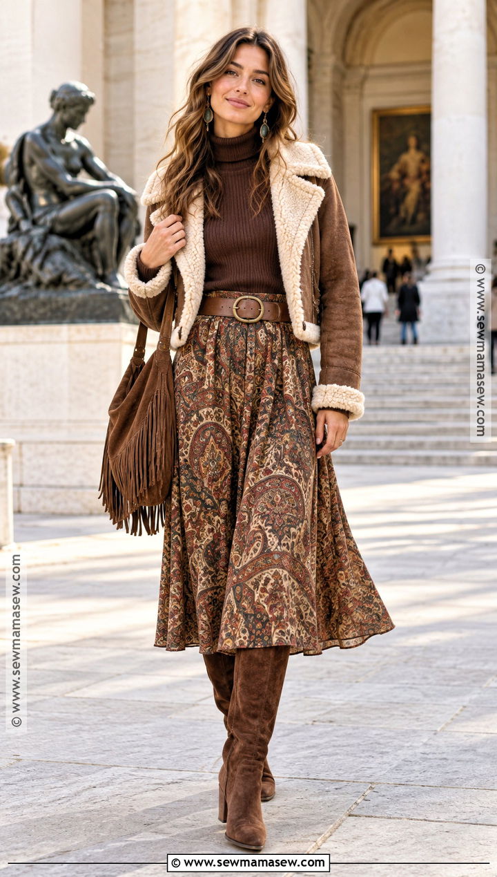 Fall Hippie Turtleneck And Printed Midi Skirt Outfit - 25 fall hippie outfits
