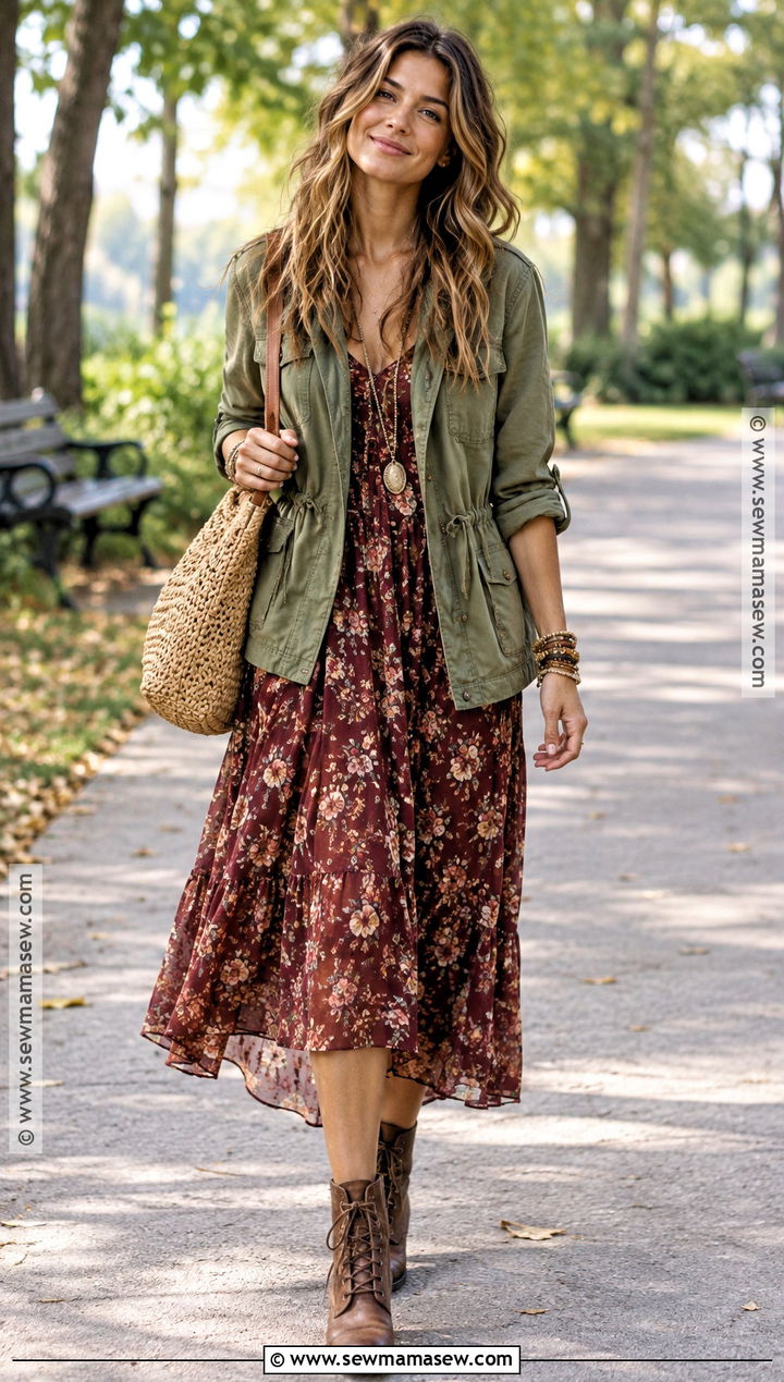 Fall Hippie Utility Jacket And Floral Dress Outfit - 25 fall hippie outfits
