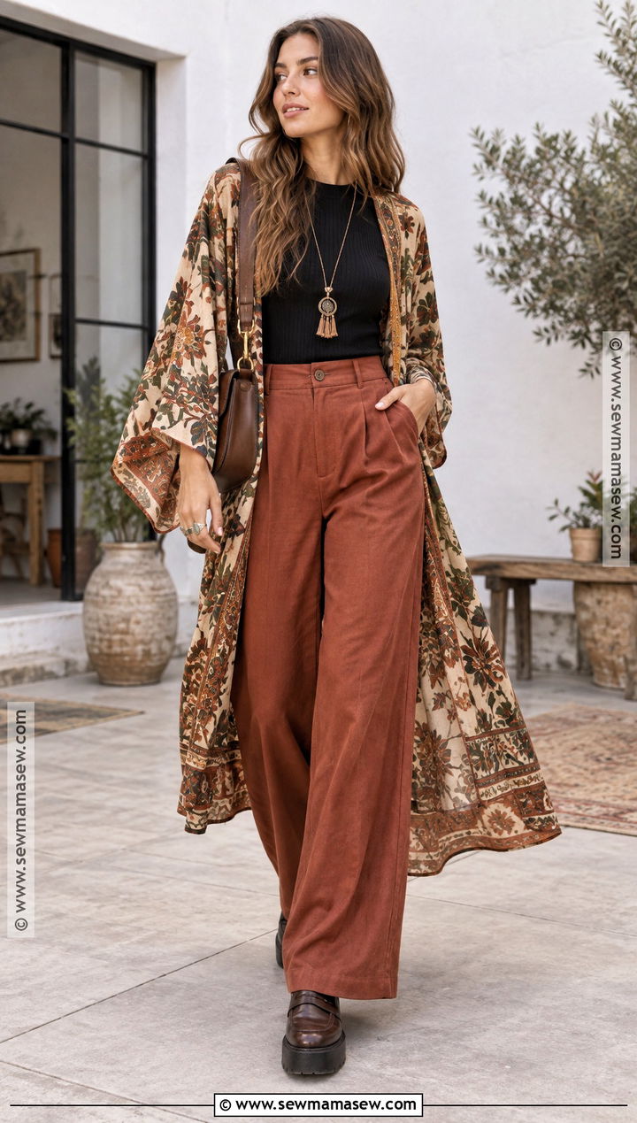 Fall Hippie Wide Leg Pants And Kimono Outfit - 25 fall hippie outfits