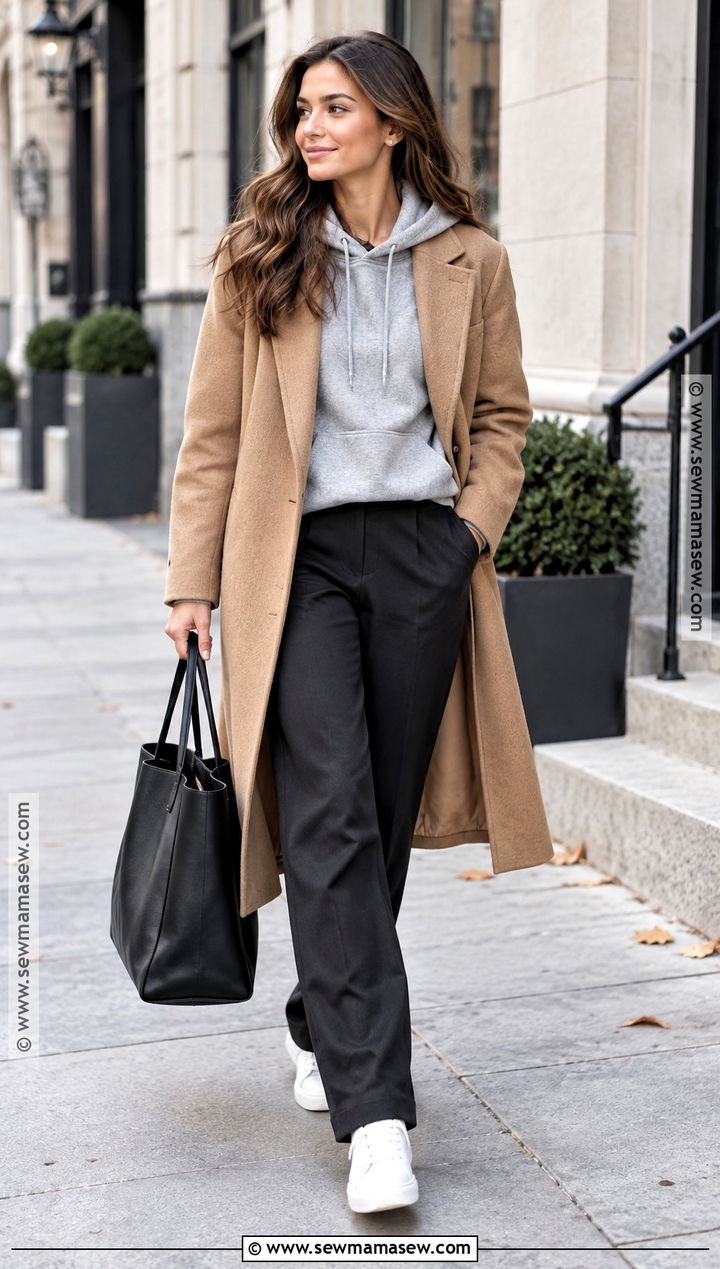 Fall Hooded Sweatshirt and Wool Coat Outfit - 15 fall clothing outfit ideas