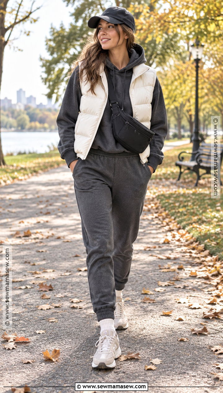 Fall Hoodie And Jogger Set With A Puffer Vest - 20 Fall Sets Outfit