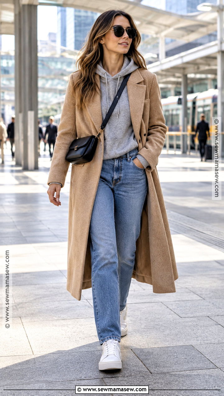 Fall Hoodie And Long Wool Coat Outfit - 15 Fall Casual Wardrobe Ideas