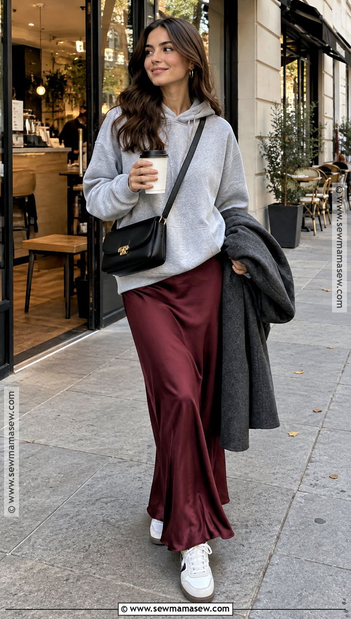 Fall Hoodie And Satin Maxi Skirt Outfit - 15 Fall Outfit Inspired Ideas 2026
