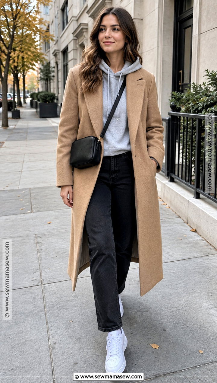 Fall Hoodie Outfit With Tailored Coat - 25 fall outfit inspiration ideas