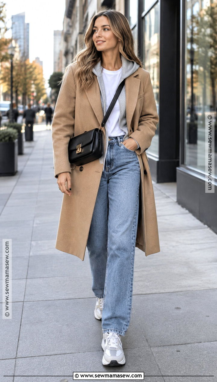 Fall Hoodie Outfit With Wool Coat And Jeans - 25 Fall Layering Ideas