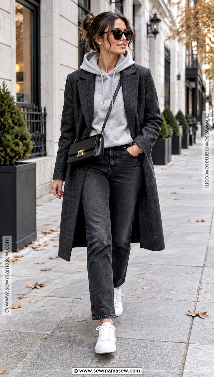 Fall Hoodie and Tailored Coat Outfit - 20 Fall Staple Wardrobe Ideas