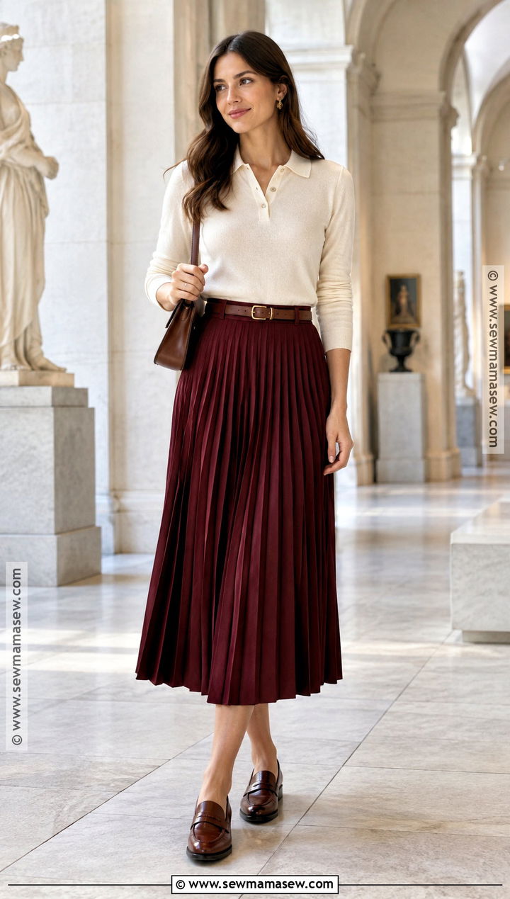 Fall Knit Polo and Pleated Midi Skirt Outfit - 15 Fall Womans Outfits 2026