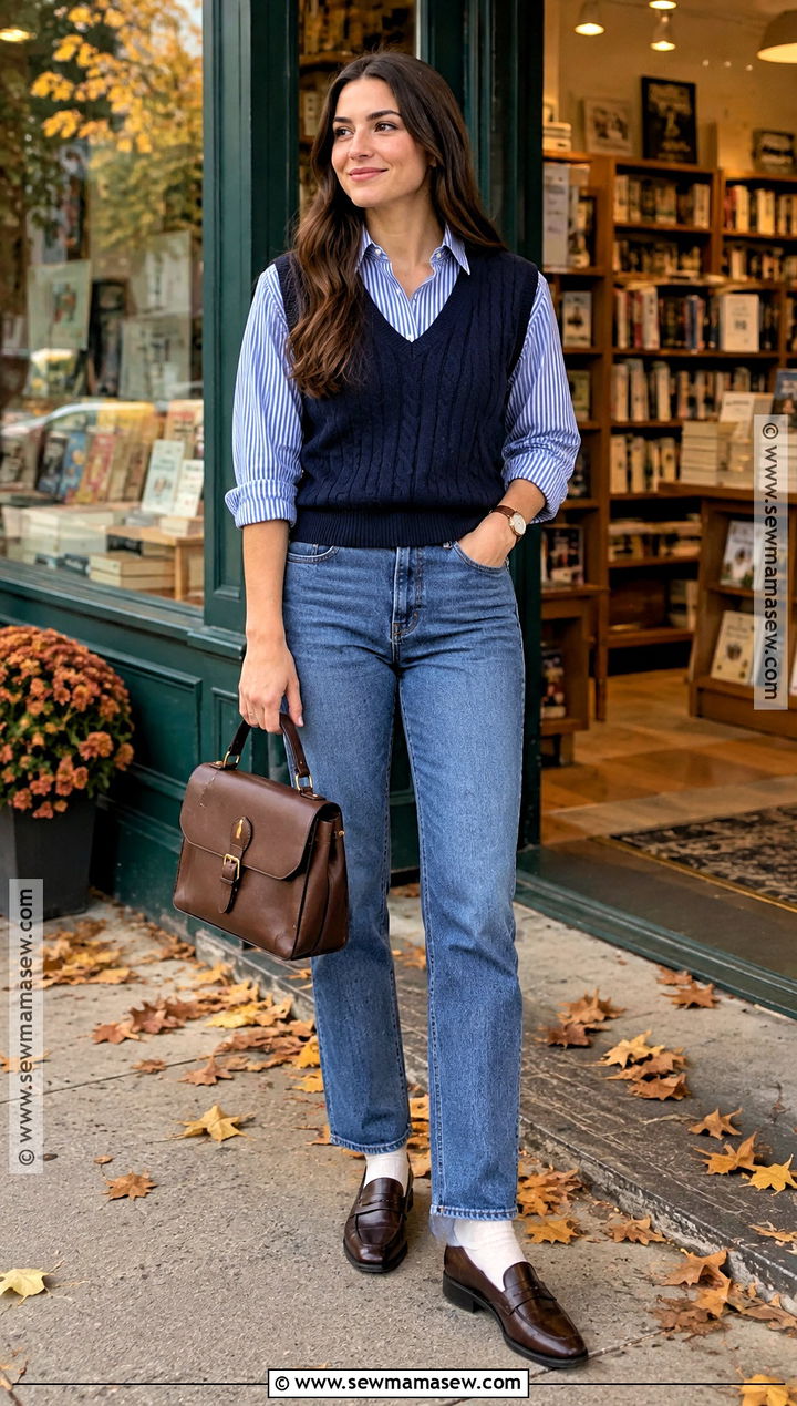 Fall Knit Vest Outfit With A Button Down Shirt - 15 womens fall outfit ideas