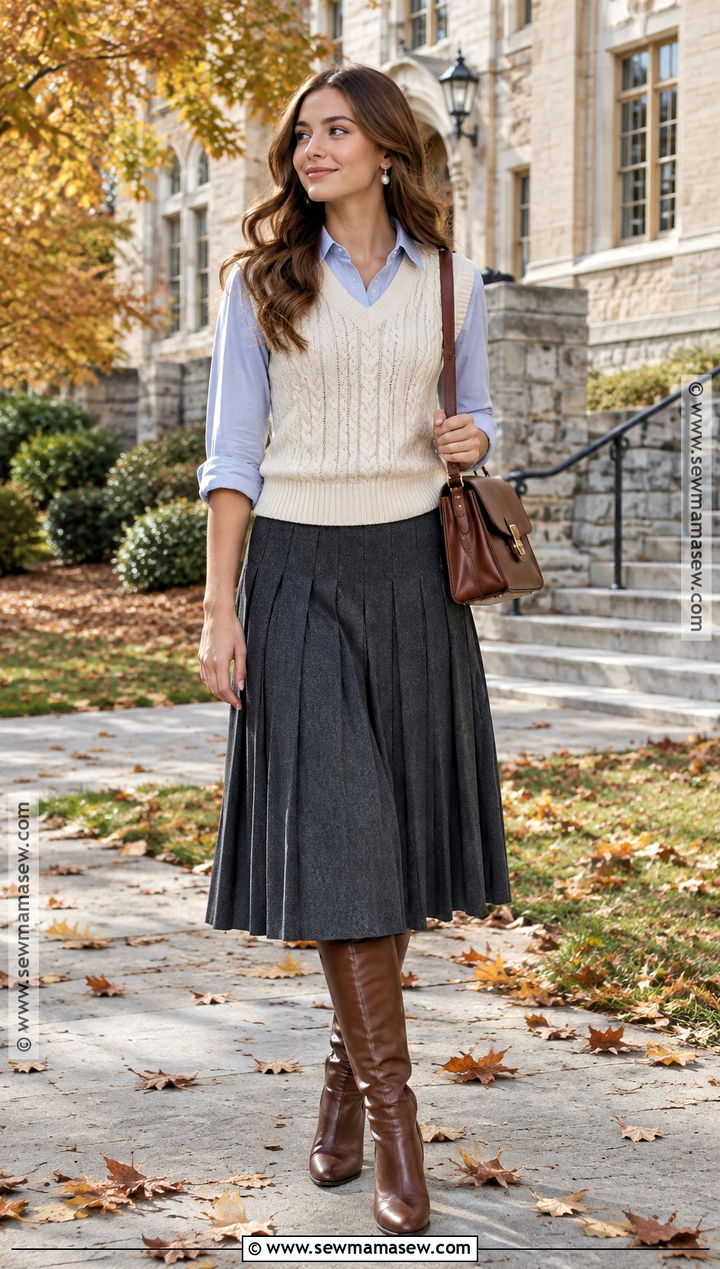 Fall Knit Vest Outfit With Midi Skirt - 20 Fall Wear Ideas for Women