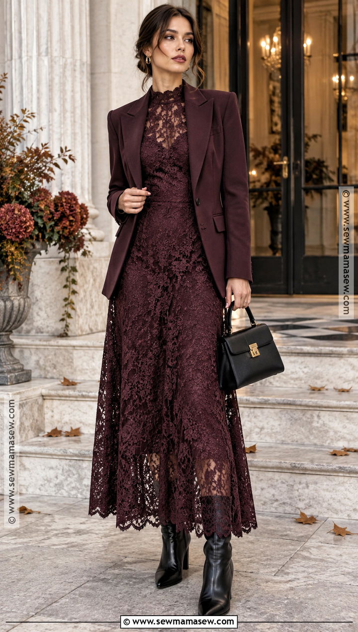 Fall Lace Maxi Dress With Blazer And Tall Boots - 20 dresses for fall