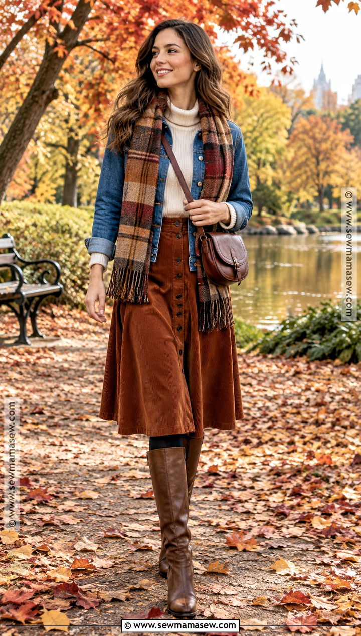 Fall Leaf Peeping Outfit With Denim Jacket and Corduroy Skirt - 15 outdoor outfits for women fall
