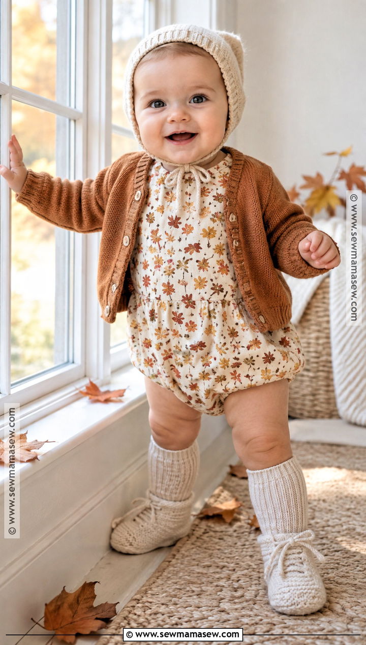Fall Leaf Romper And Cardigan Outfit - 15 Baby First Thanksgiving Outfit Ideas