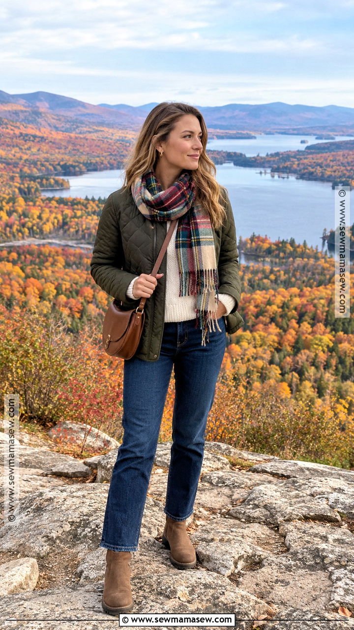 Fall Leaf Viewing Outfit With Quilted Jacket And Jeans - 20 Outdoor Fall Outfits for Women