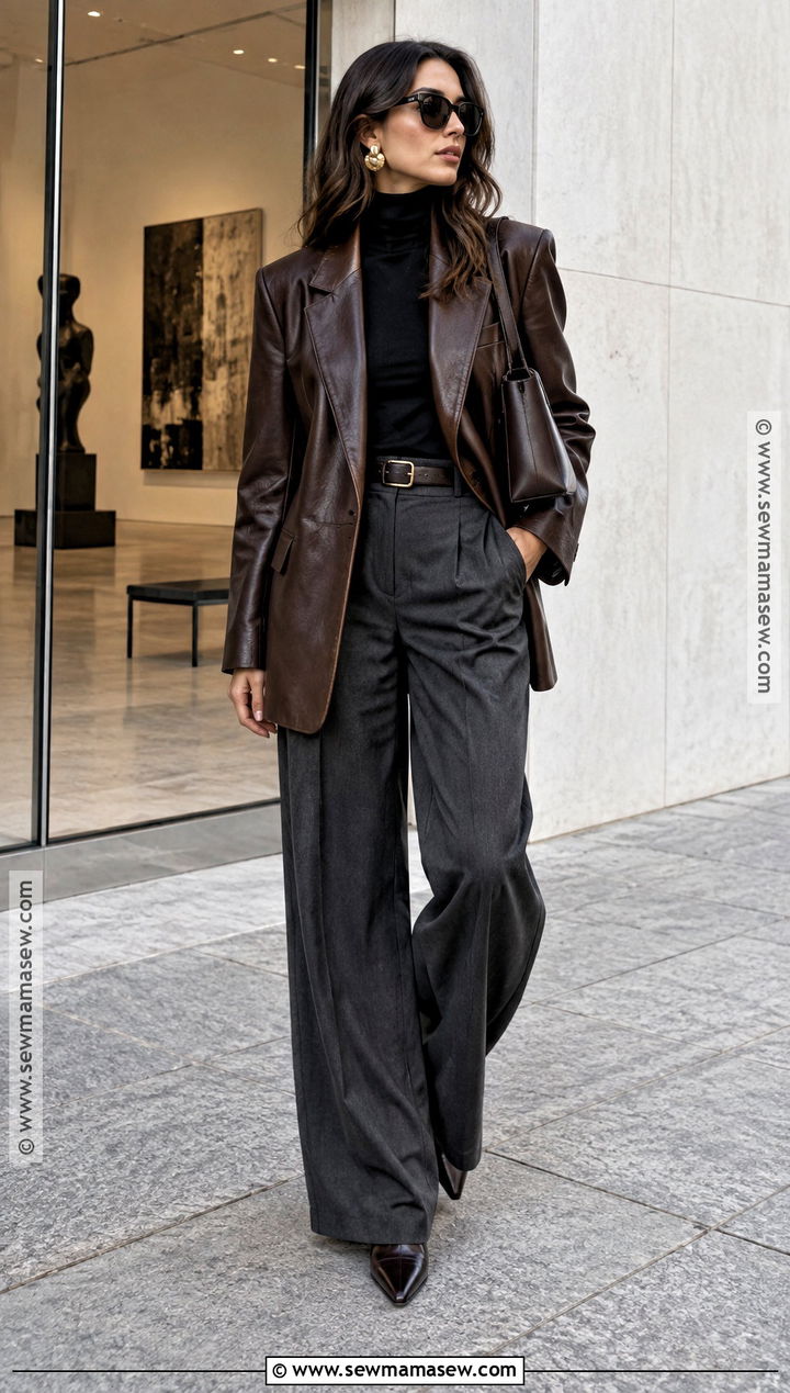 Fall Leather Blazer And Wide Leg Trousers Outfit - 15 Lookbook Outfits Fall 2026