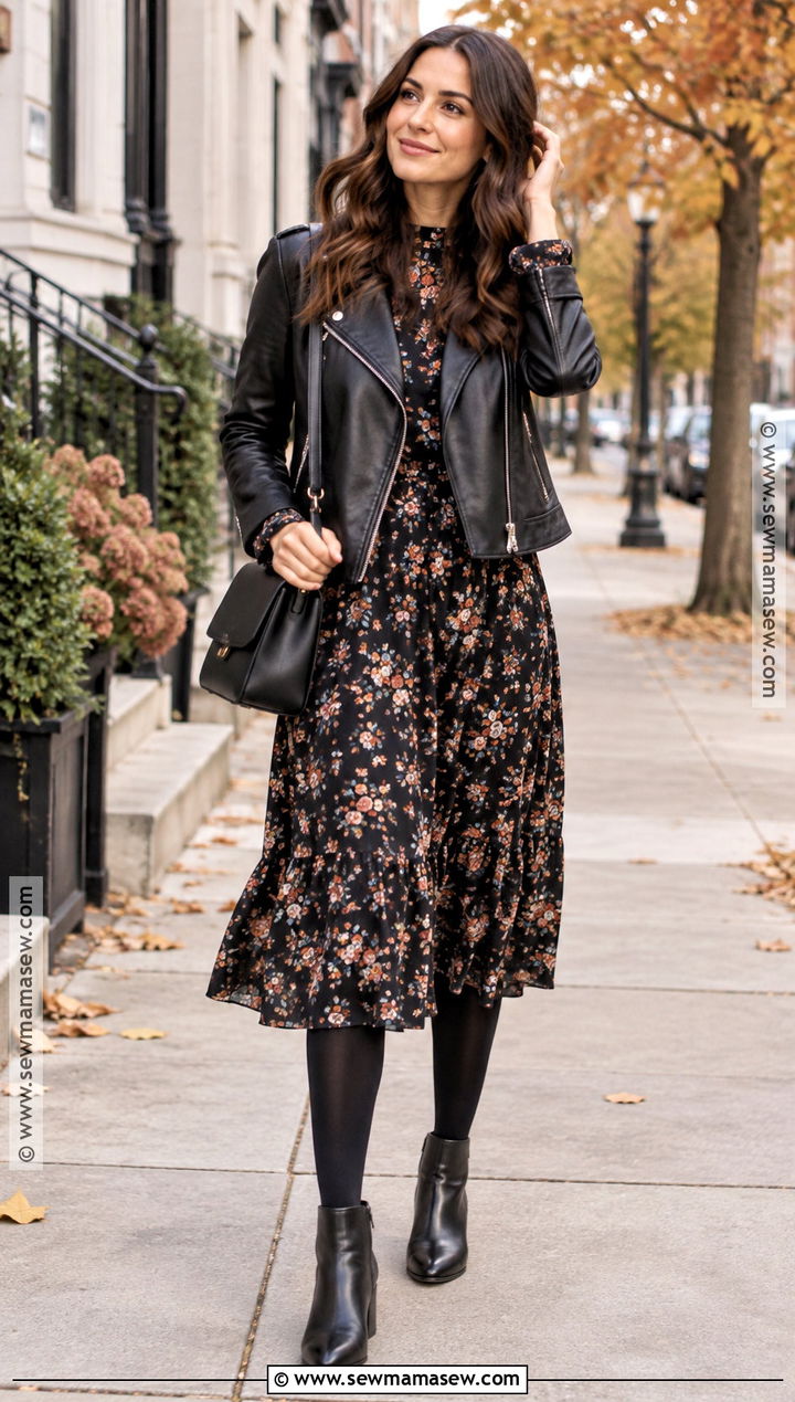Fall Leather Jacket And Floral Dress Outfit - 15 Fall Fashion Ideas 2026