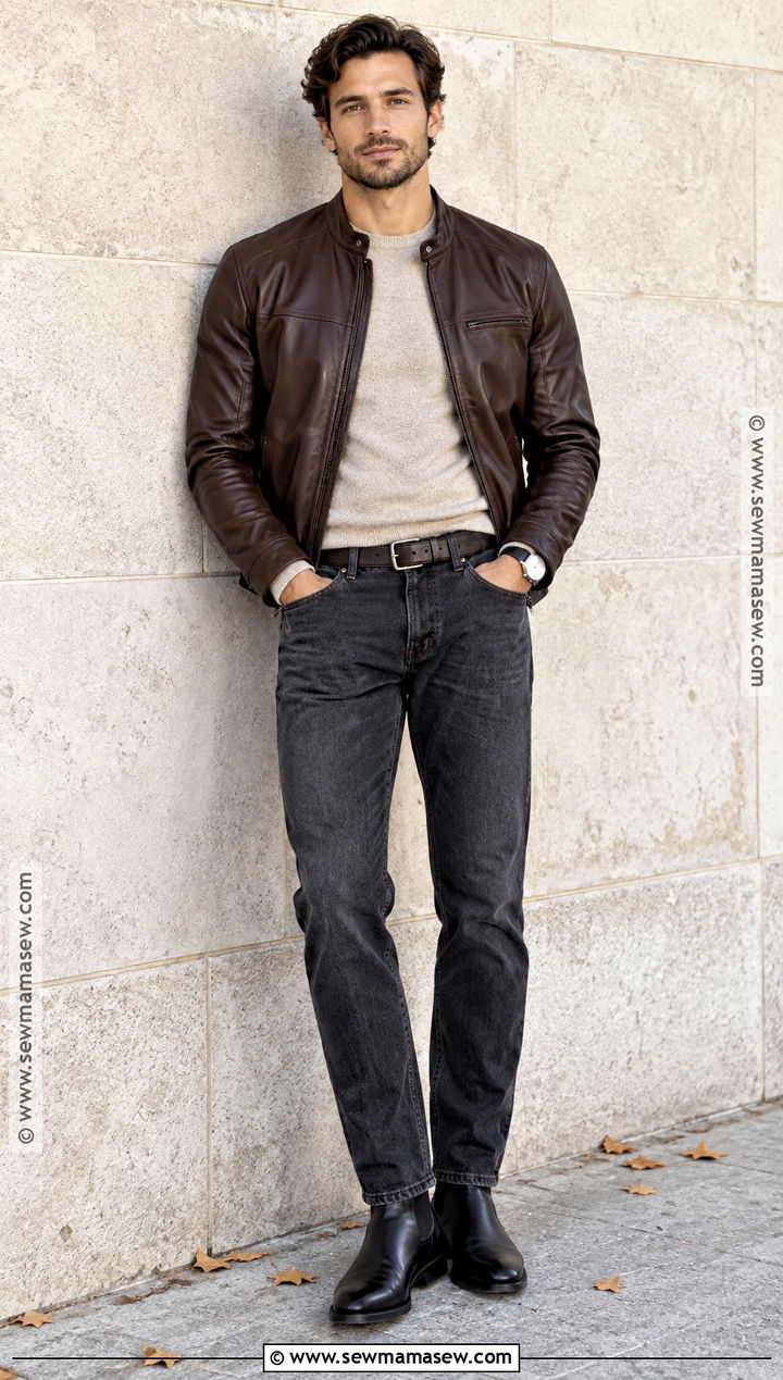 Fall Leather Jacket With Gray Jeans - 20 fall mens outfits casual