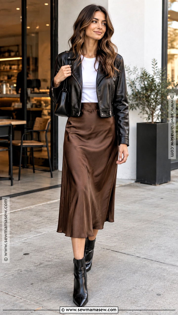 Fall Leather Jacket With T Shirt And Slip Skirt - 15 Simple But Cute Fall Outfits