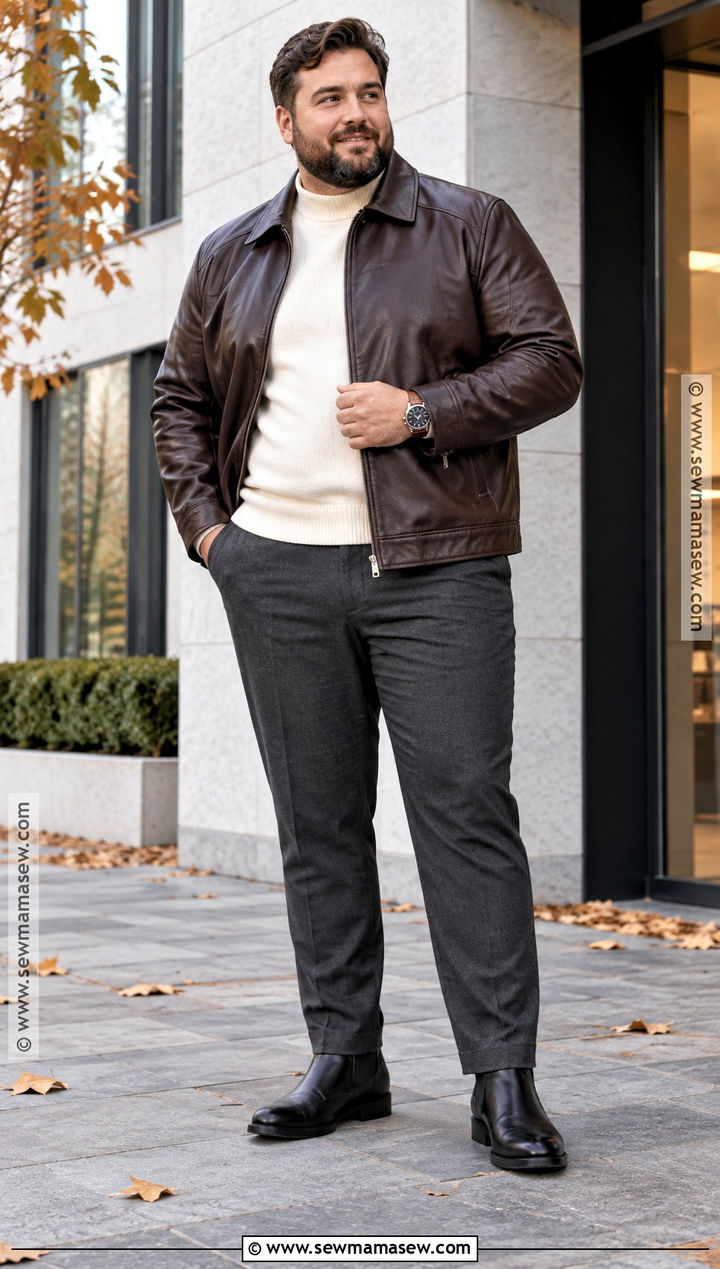 Fall Leather Jacket With Turtleneck And Trousers - 15 mens plus size fall fashion ideas