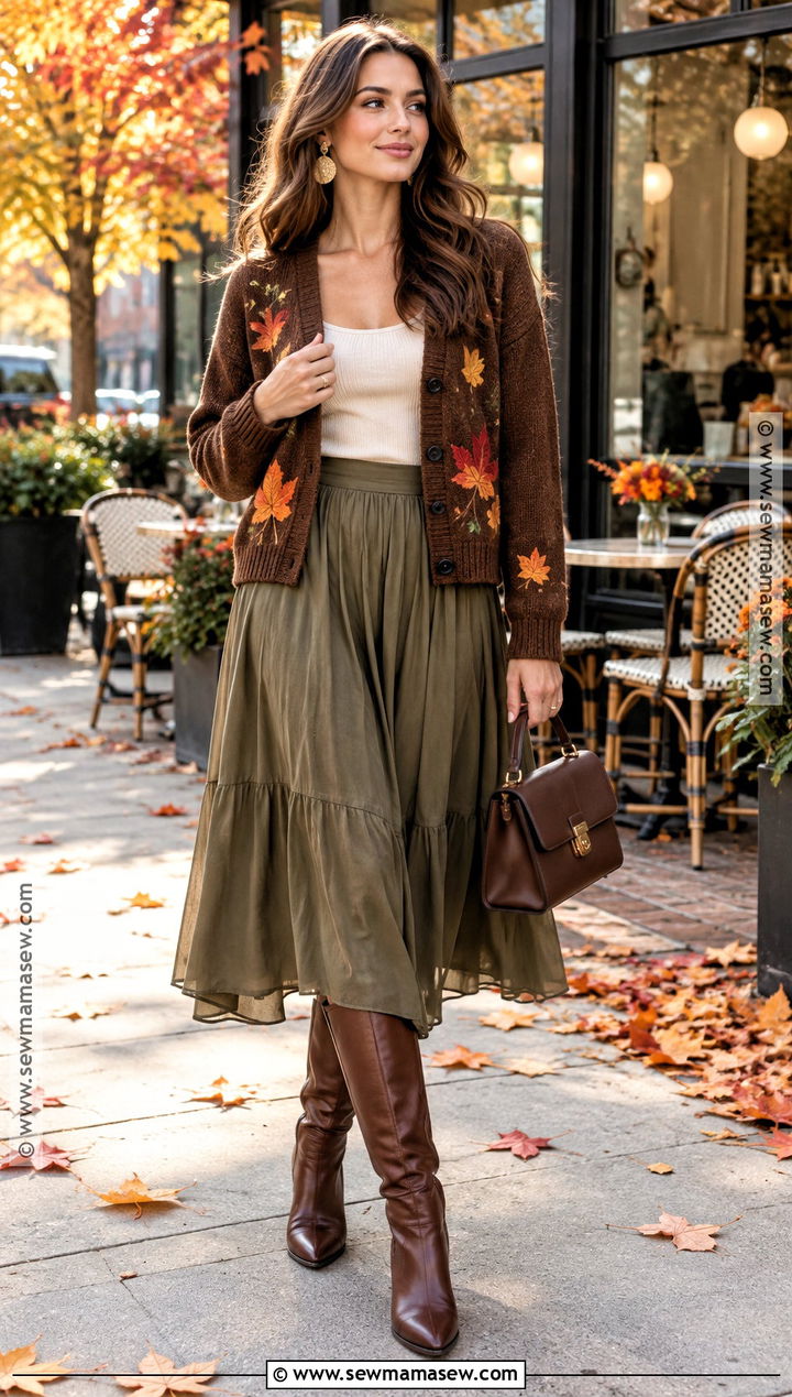 Fall Leaves Cardigan With Midi Skirt And Knee High Boots - 15 fall leaves sweater ideas
