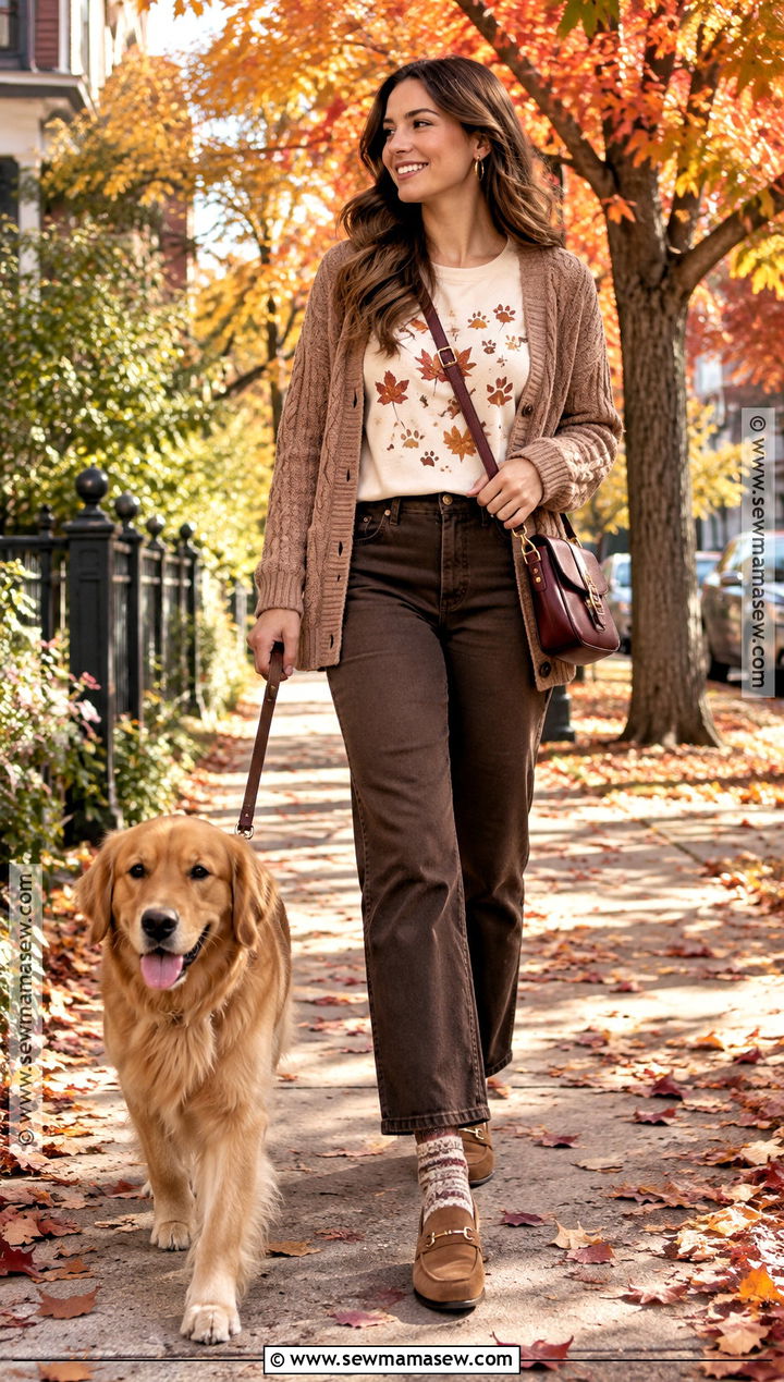 Fall Leaves Dog Mom Shirt With Brown Jeans - 15 Fall Dog Mom Shirt Ideas
