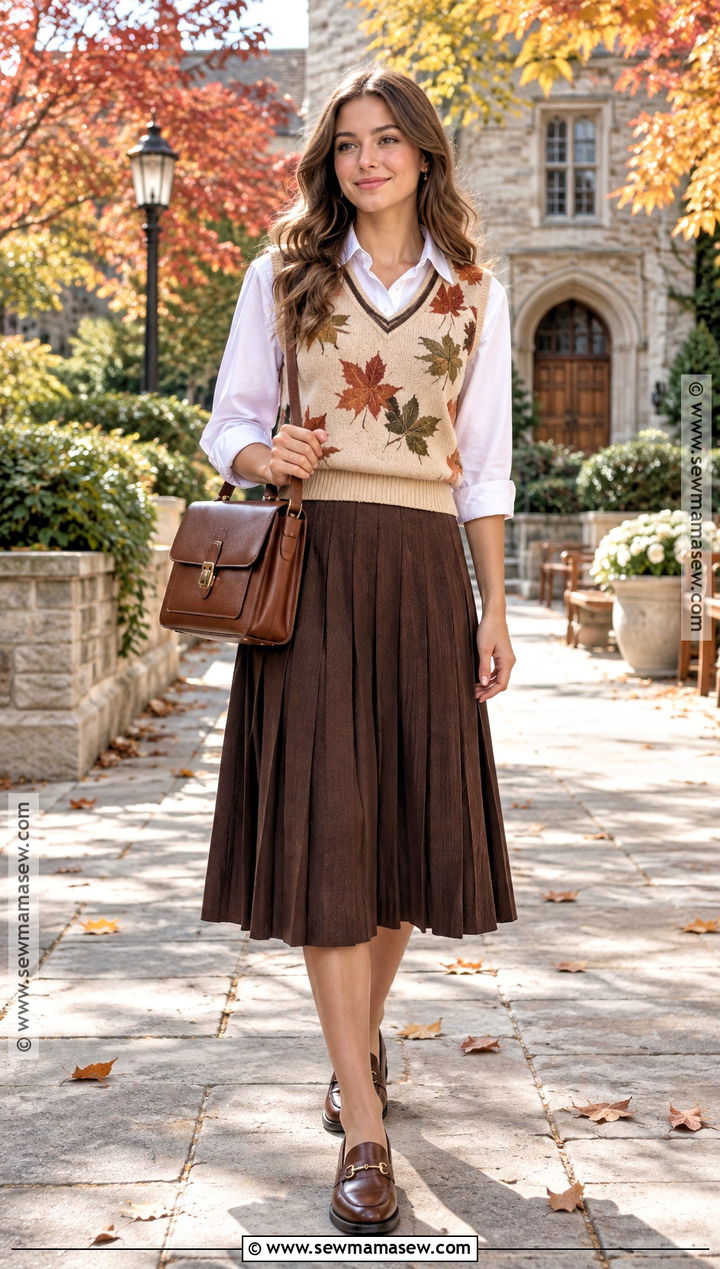 Fall Leaves Sweater Vest With White Shirt And Pleated Skirt - 15 fall leaves sweater ideas