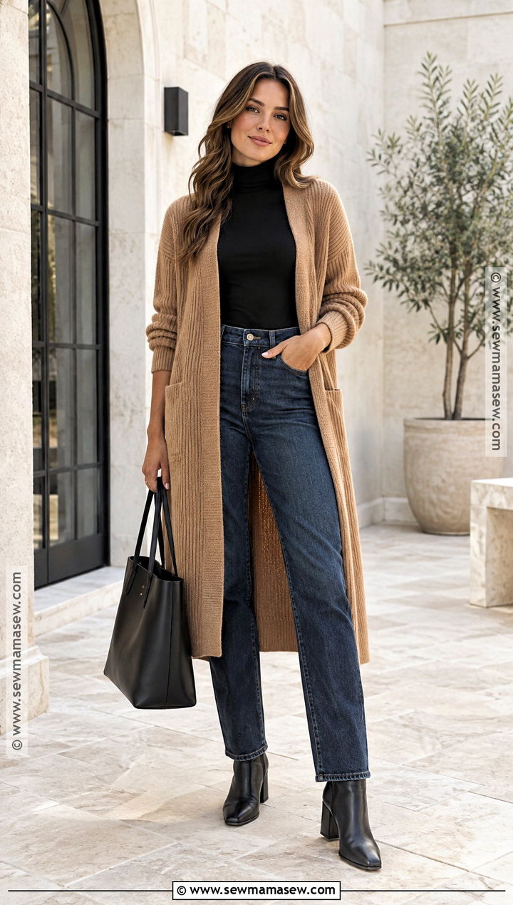 Fall Long Cardigan And Straight Leg Jeans Outfit - 25 Fall Layering Outfits