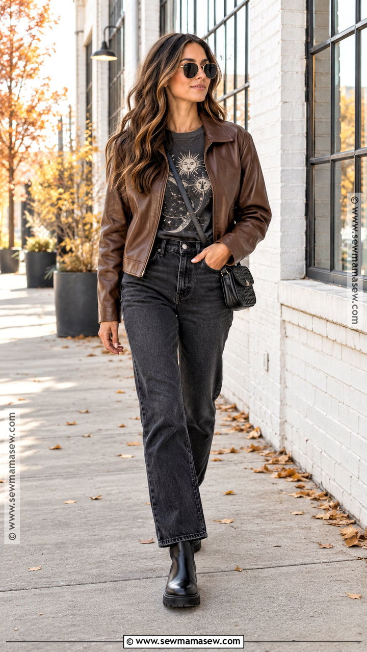 Fall Long Sleeve Graphic Tee With Leather Jacket - 20 Fall Long Sleeve Outfits