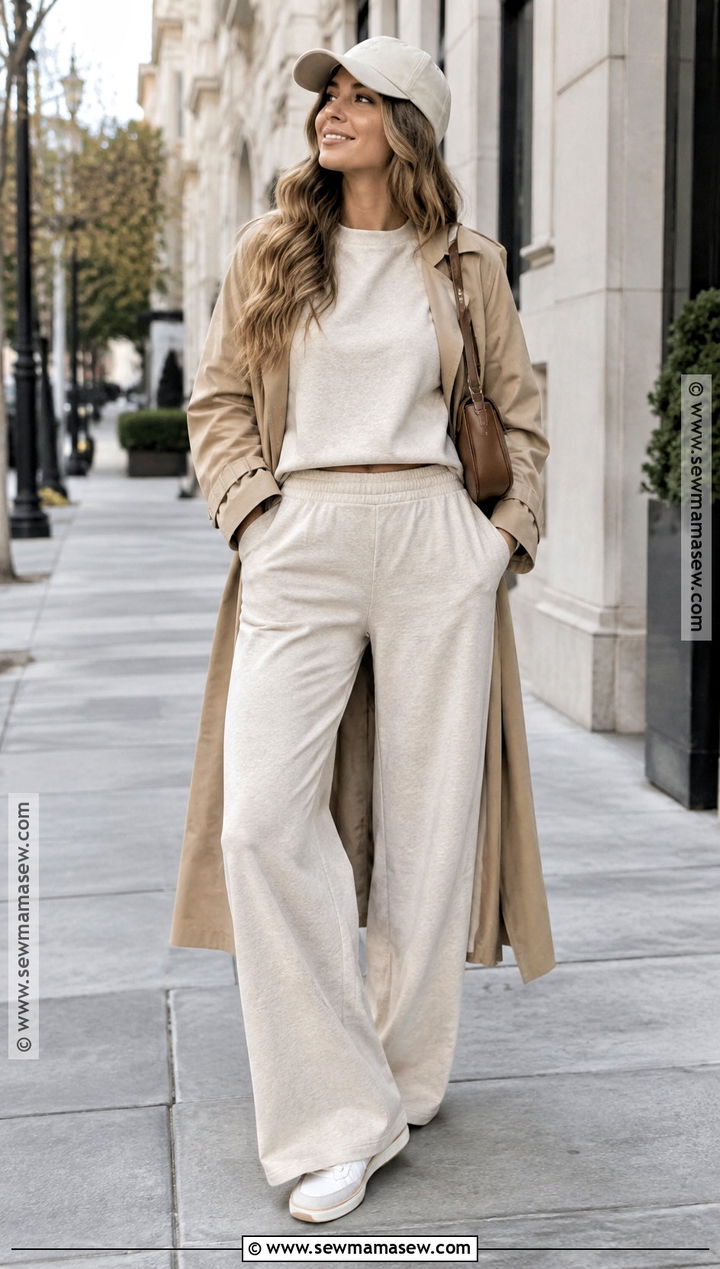 Fall Lounge Outfit With Sweatshirt And Wide Leg Sweatpants - 15 lounge outfit fall ideas