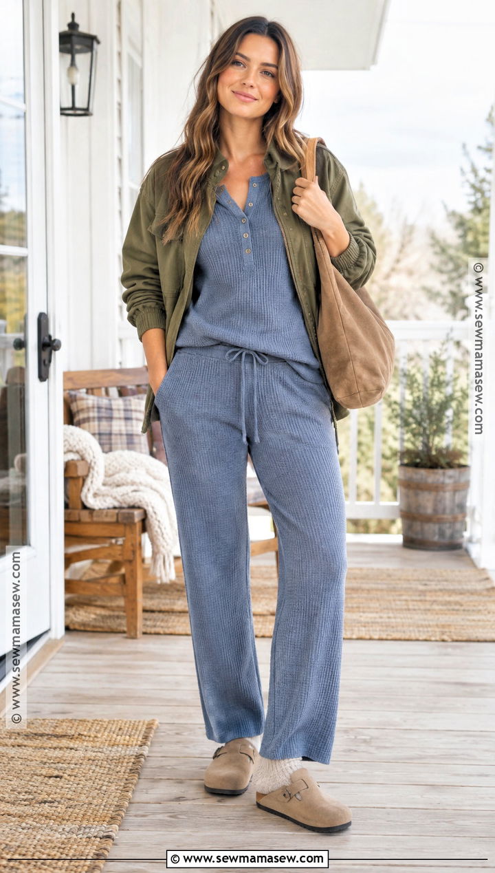 Fall Lounge Outfit With Waffle Knit Set - 15 lounge outfit fall ideas