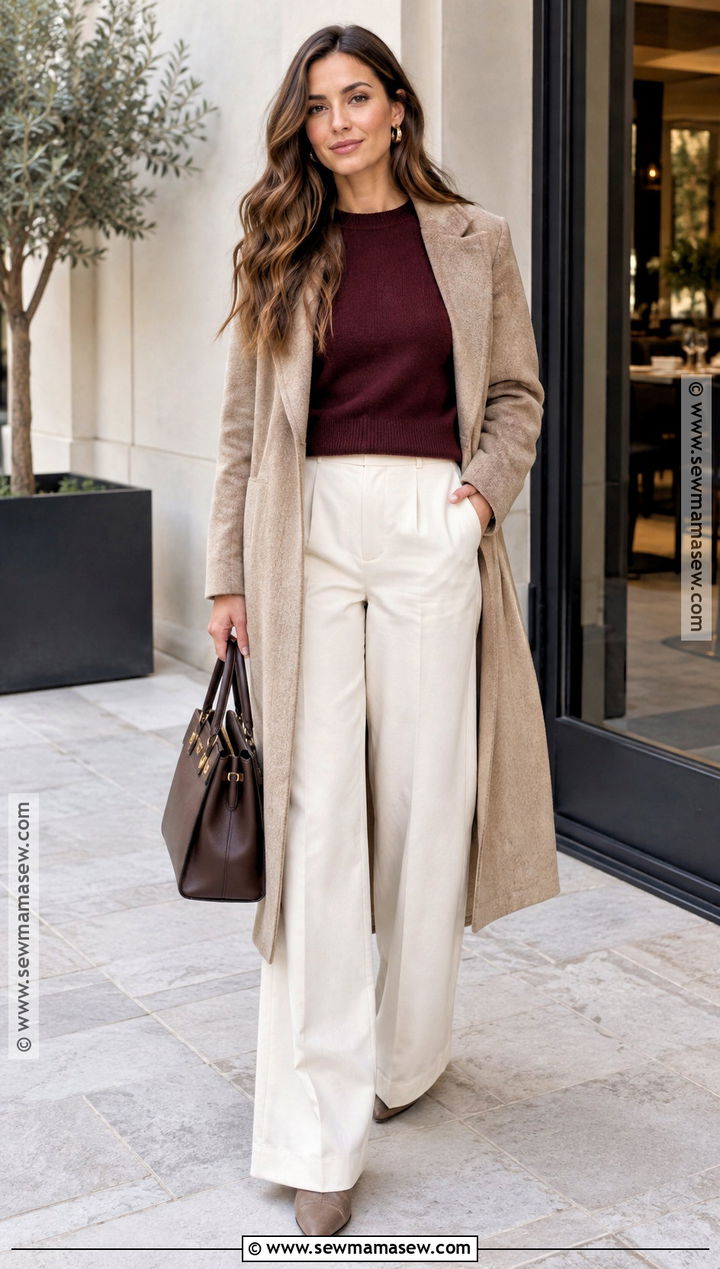 Fall Lunch Outfit With Burgundy Sweater And Trousers - 20 fall lunch outfit ideas
