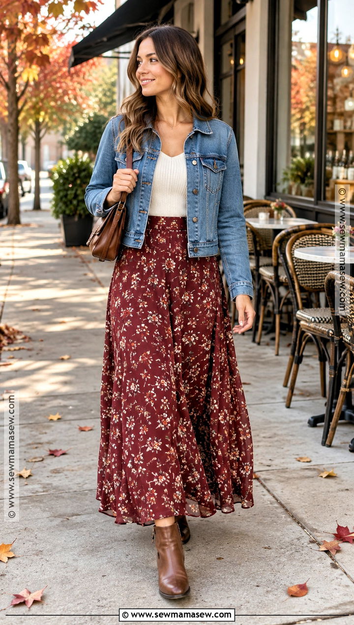 Fall Lunch Outfit With Denim Jacket And Maxi Skirt - 20 fall lunch outfit ideas