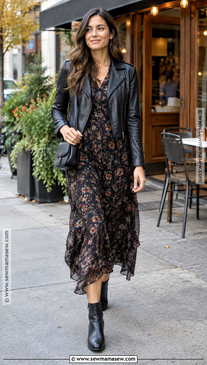 Fall Lunch Outfit With Leather Jacket And Midi Dress - 20 fall lunch outfit ideas