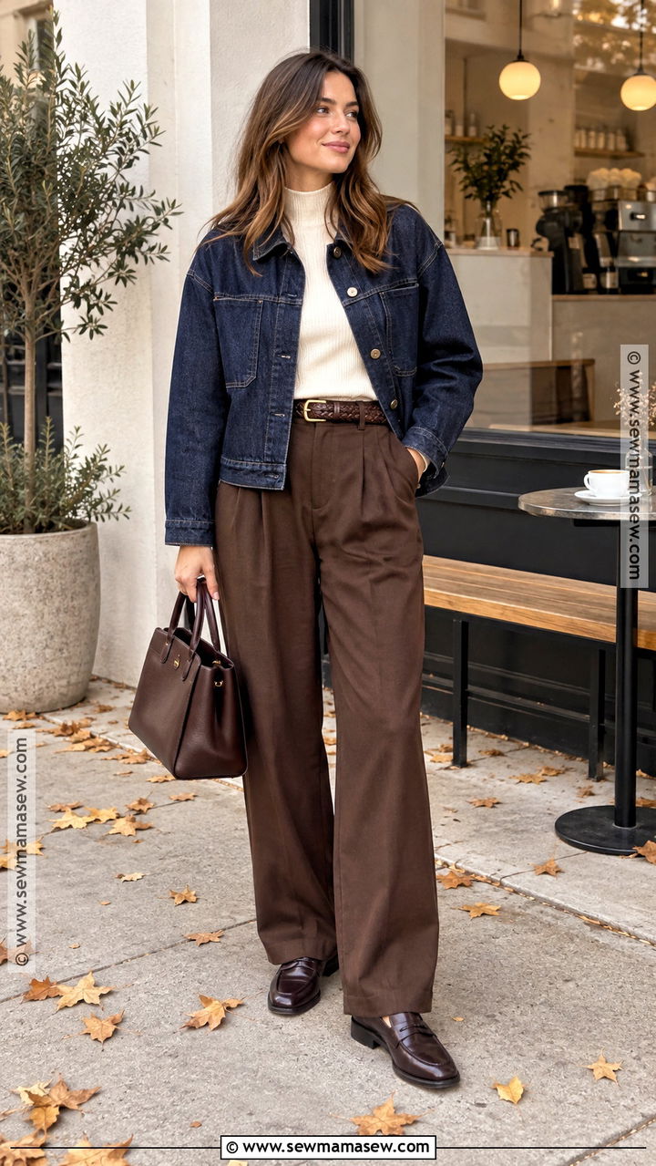 Fall Masc Denim Jacket And Brown Trousers Outfit - 20 Fall Masc Outfits for Women