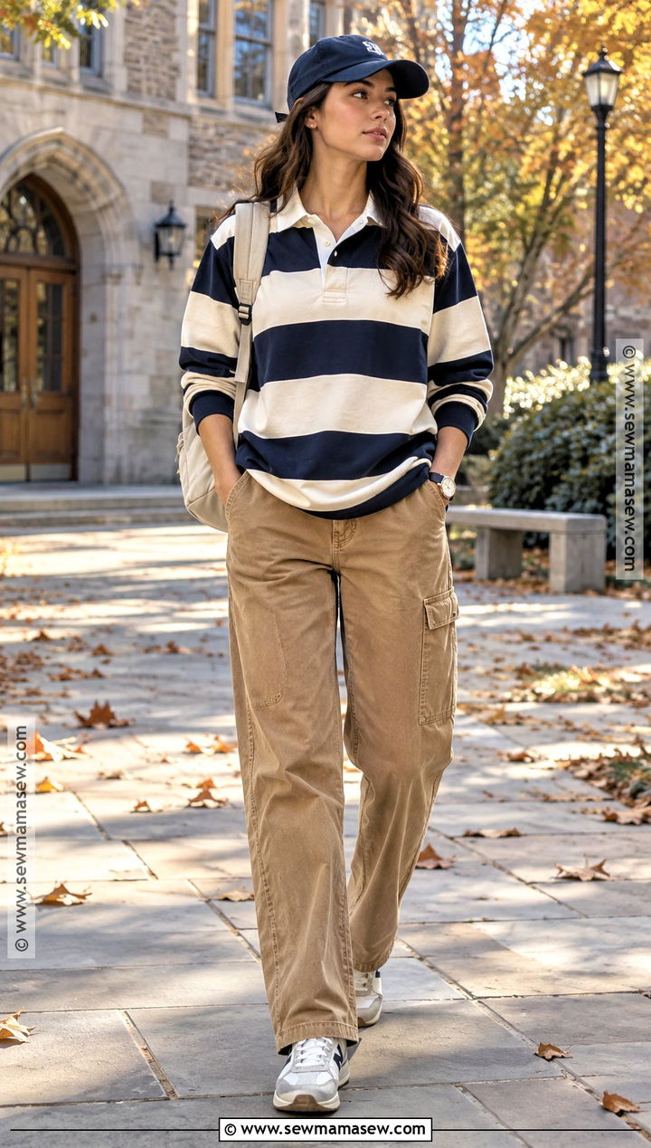 Fall Masc Rugby Shirt And Carpenter Pants Outfit - 20 Fall Masc Outfits for Women