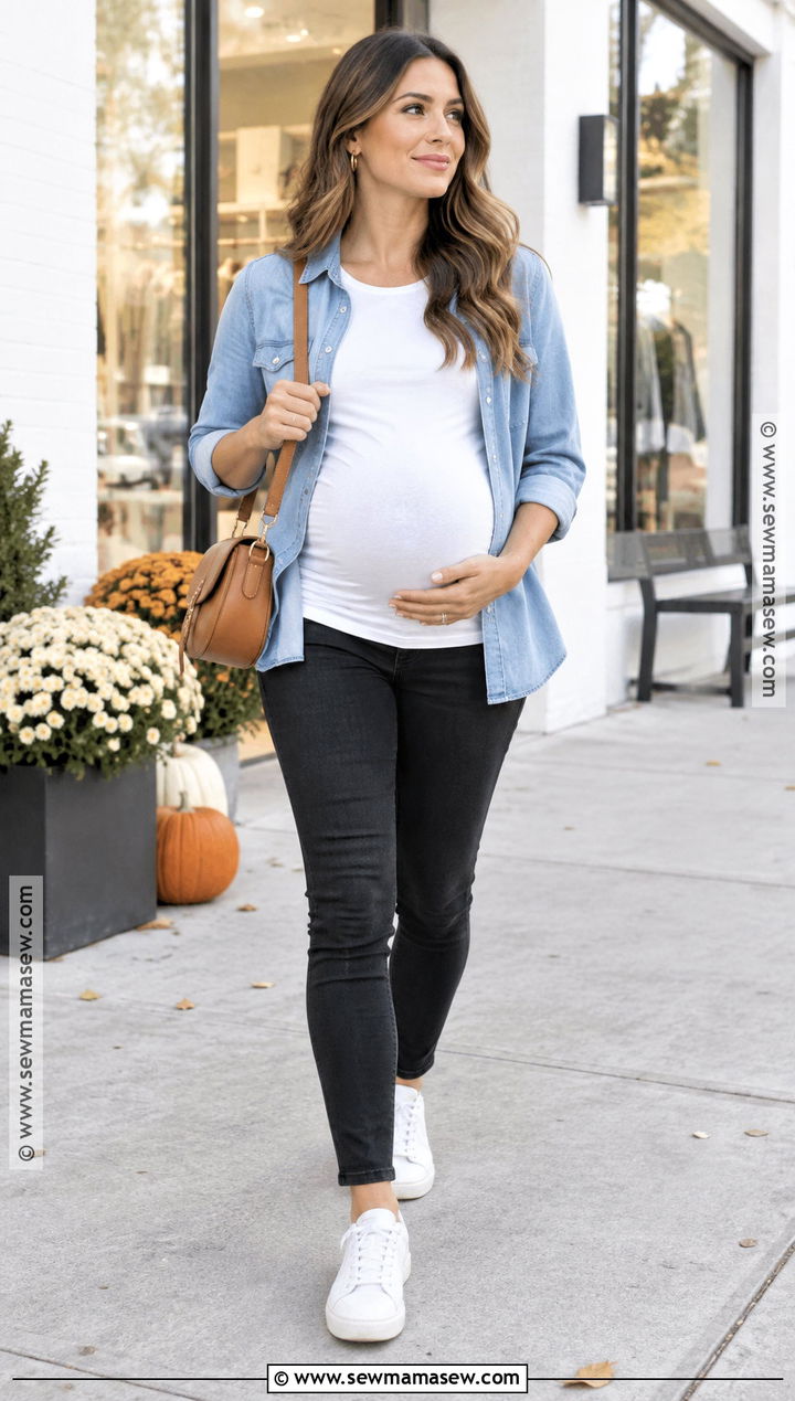 Fall Maternity Black Jeans And Chambray Shirt Outfit - 20 fall maternity outfits casual