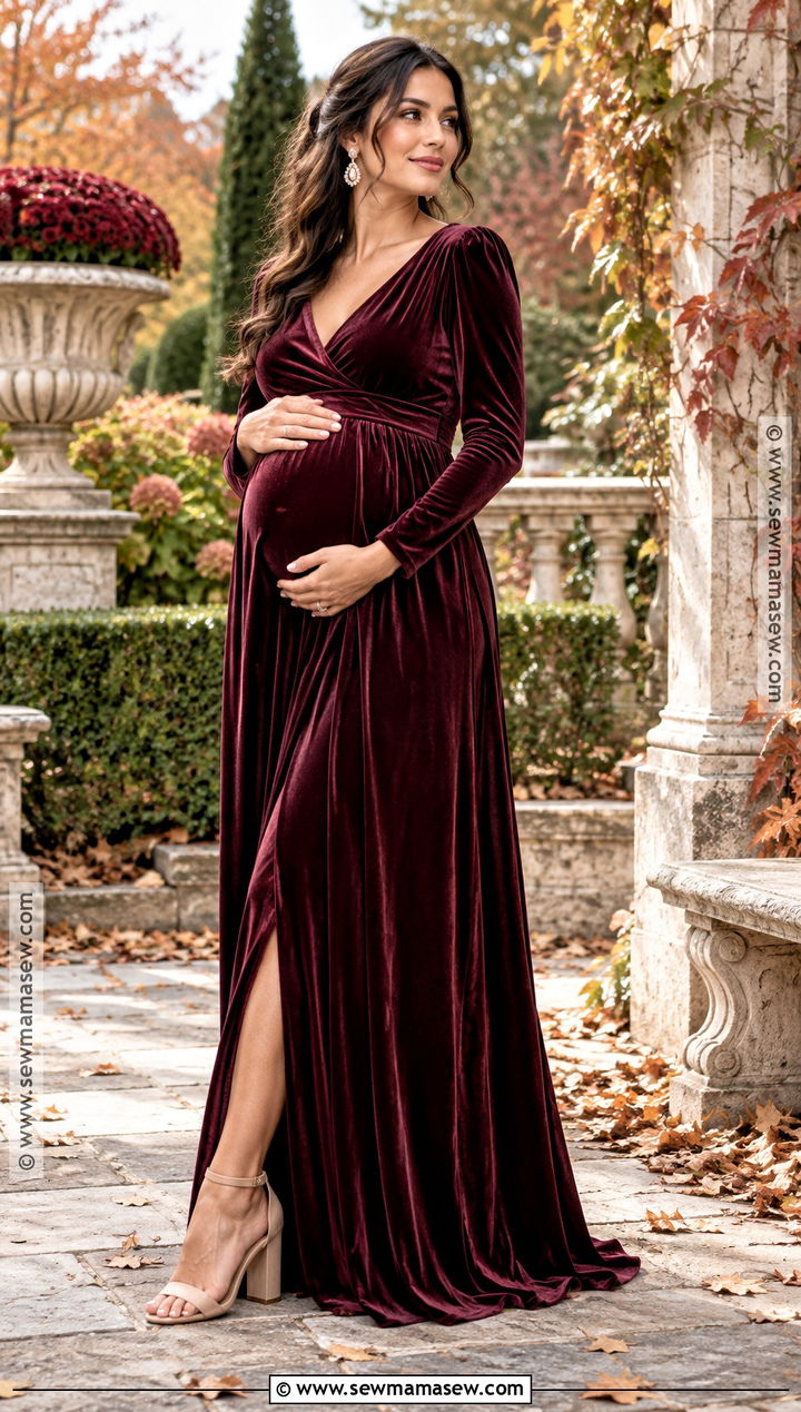 Fall Maternity Burgundy Velvet Gown Outfit - 25 fall maternity outfits for photoshoot