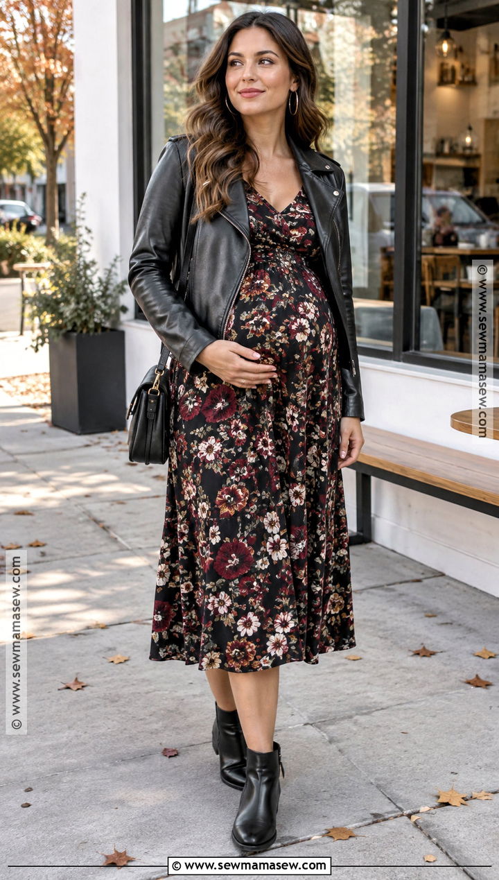 Fall Maternity Floral Dress And Faux Leather Jacket Outfit - 20 fall maternity outfits casual