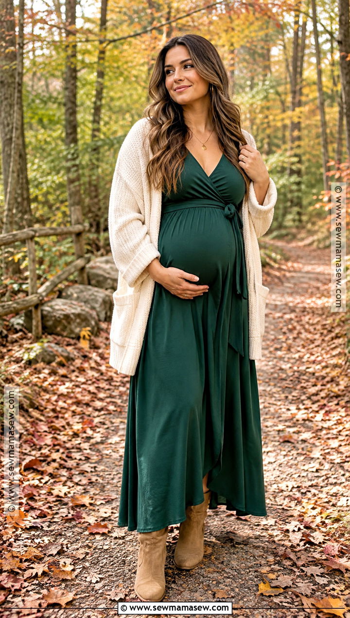 Fall Maternity Forest Green Wrap Dress Outfit - 25 fall maternity outfits for photoshoot