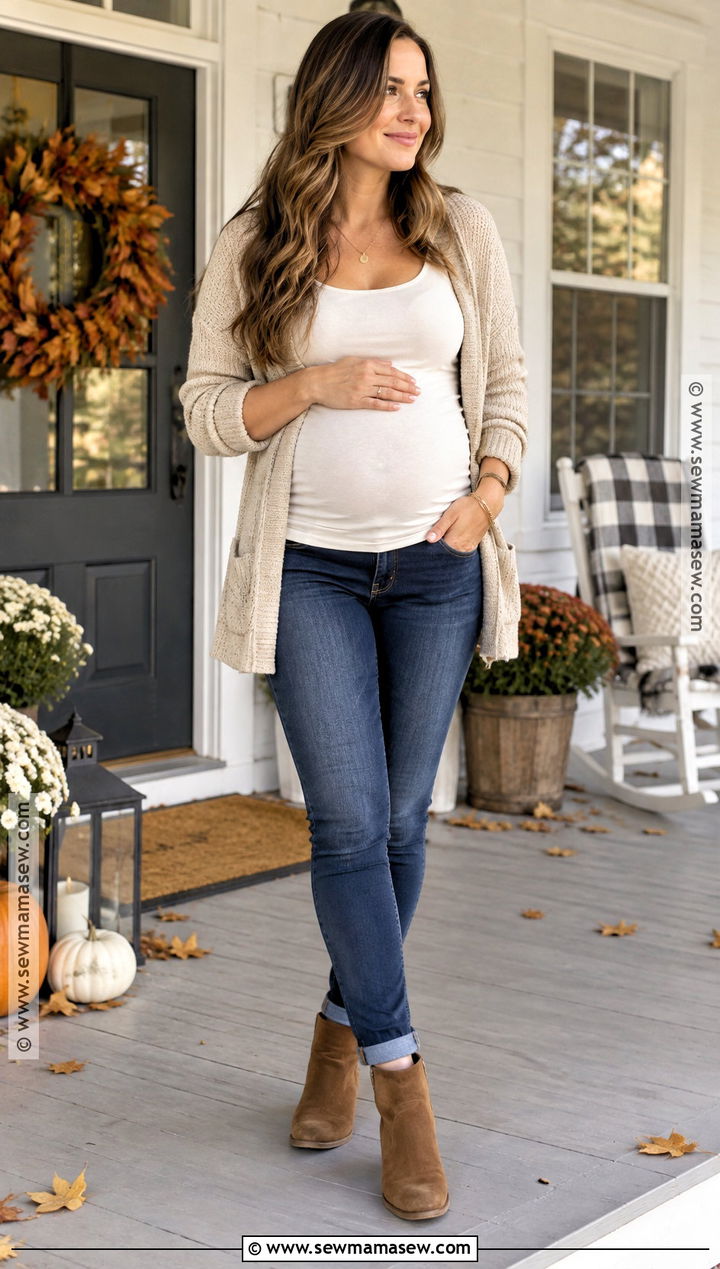 Fall Maternity Jeans And Oversized Cardigan Outfit - 25 fall maternity outfits for photoshoot