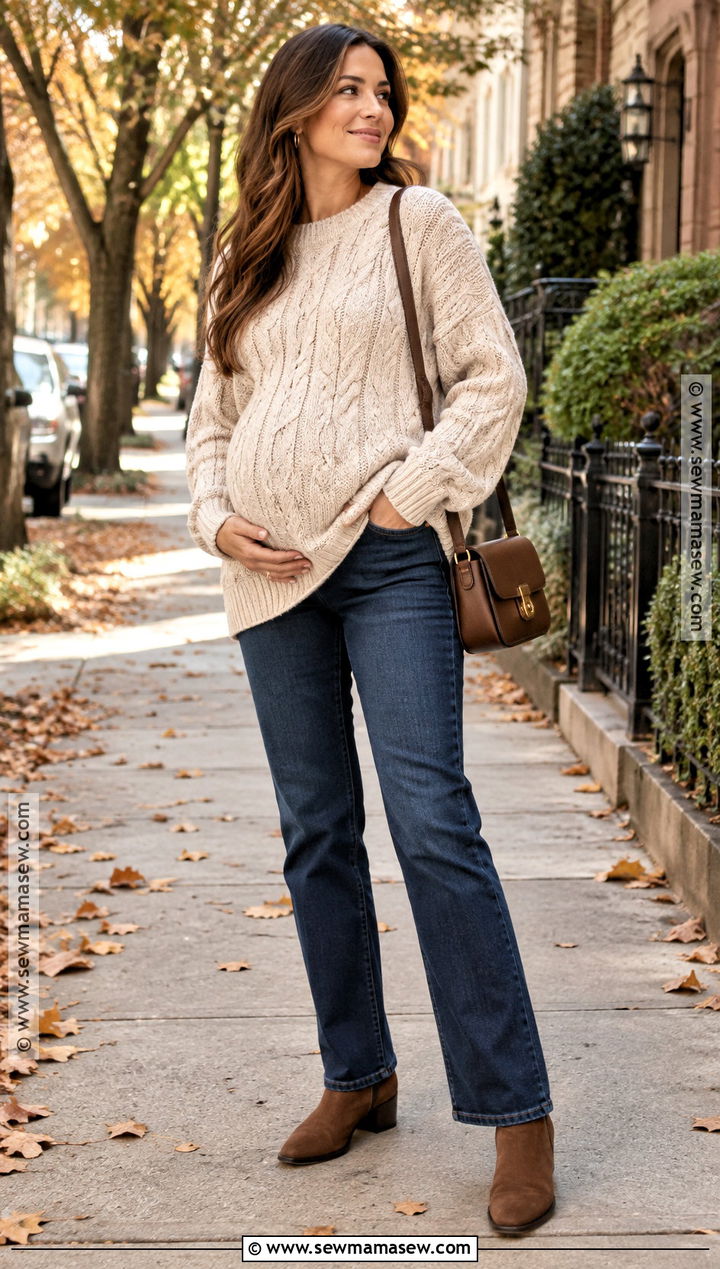 Fall Maternity Jeans With Oversized Sweater And Ankle Boots - 15 fall maternity outfits jeans