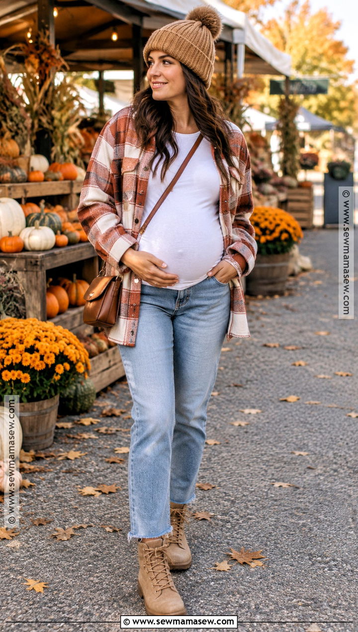 Fall Maternity Jeans With Shacket And T Shirt - 20 cute pregnancy outfits for fall