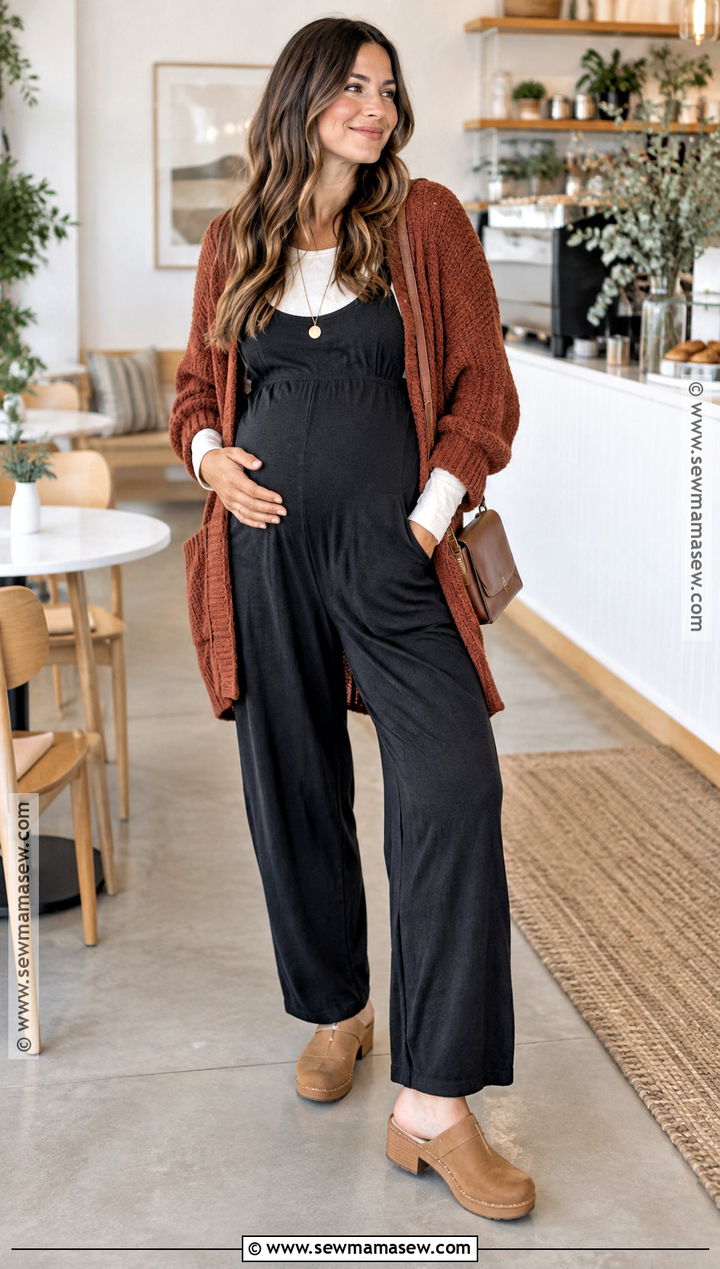 Fall Maternity Jumpsuit And Cardigan Outfit - 15 fall style pregnant ideas