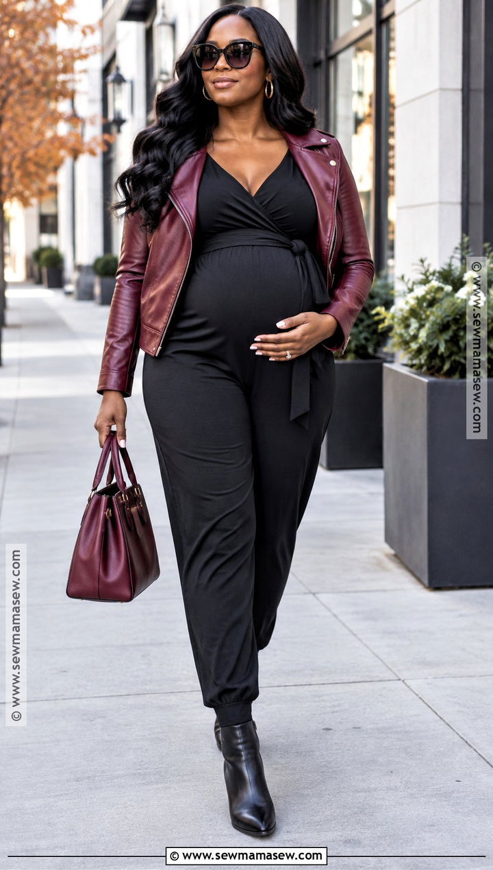 Fall Maternity Jumpsuit And Leather Jacket Outfit - 15 fall looks for black pregnant for women