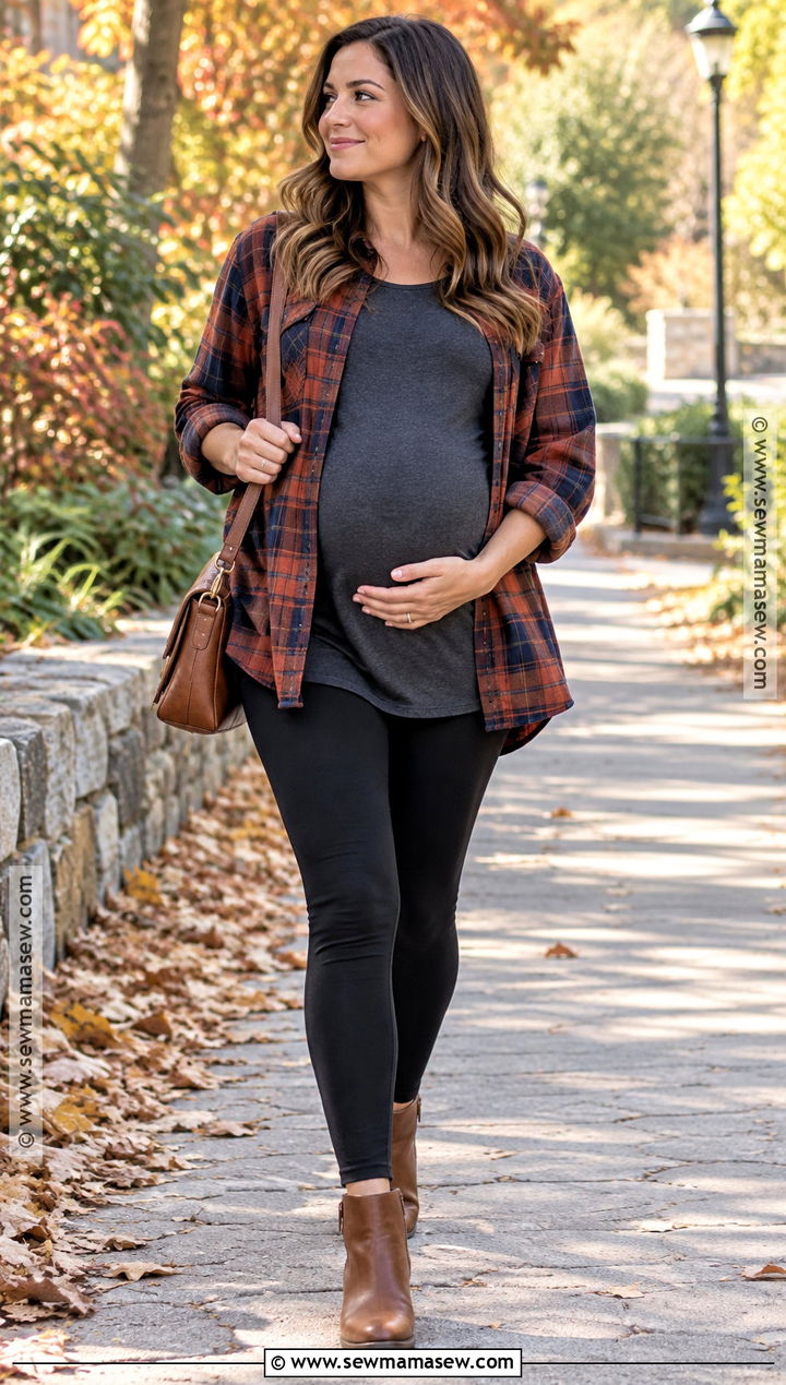 Fall Maternity Leggings And Plaid Shirt Outfit - 20 fall maternity outfits casual