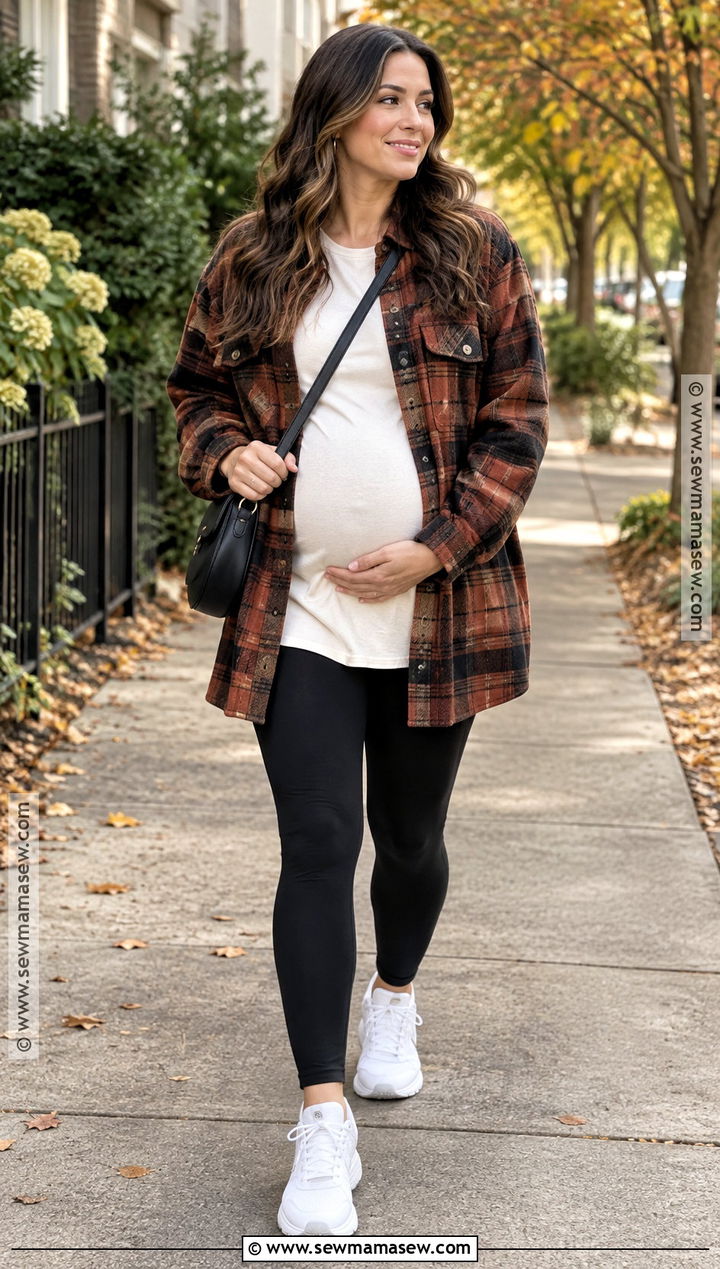Fall Maternity Leggings And Shacket Outfit - 15 fall style pregnant ideas
