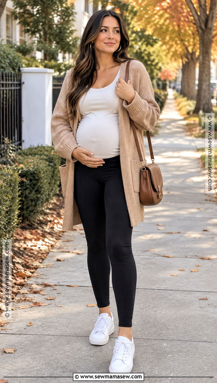 Fall Maternity Leggings Outfit With Oversized Cardigan - 15 20 weeks pregnant outfit fall ideas