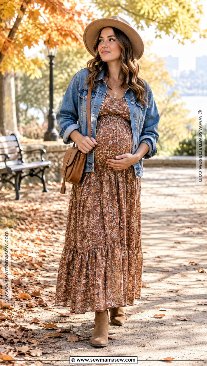 Fall Maternity Maxi Dress And Denim Jacket Outfit - 15 chic fall maternity outfits