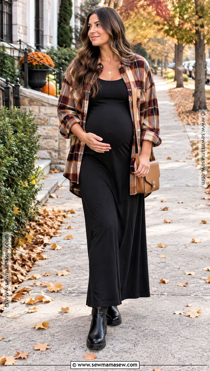 Fall Maternity Maxi Dress And Plaid Shirt Outfit - 15 fall maternity casual outfits