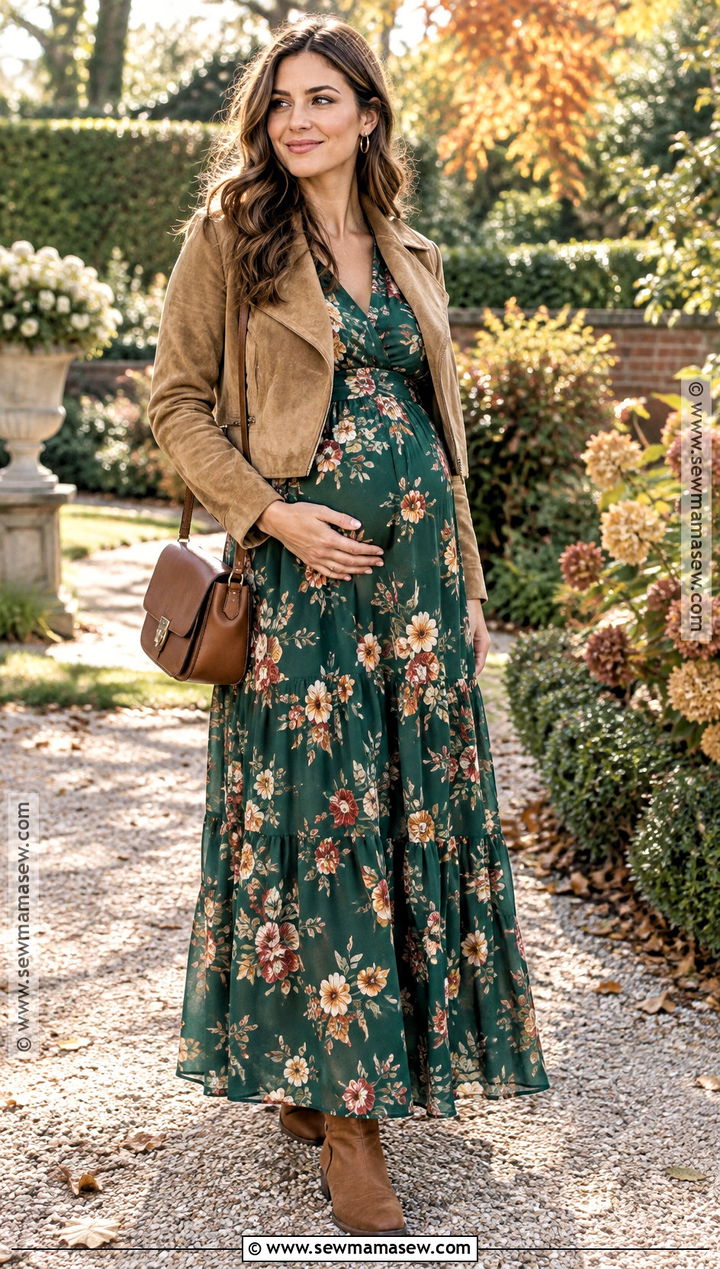 Fall Maternity Maxi Dress Outfit With Suede Jacket - 15 20 weeks pregnant outfit fall ideas